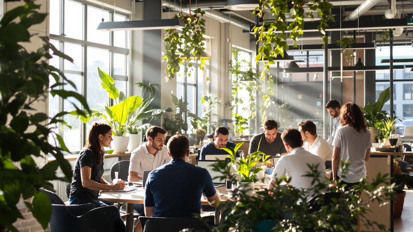 Entrepreneurs collaborating in a bright, modern incubator space.