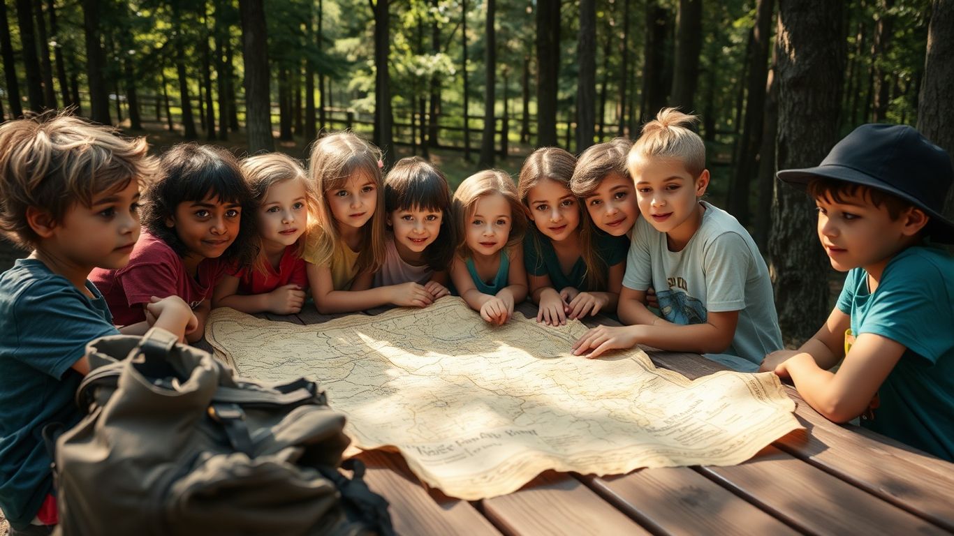 Campers examining a mysterious map in a forest setting.