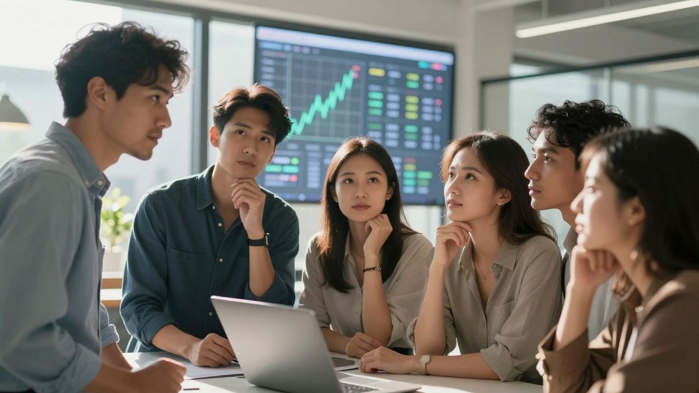 Investors reviewing financial data on a screen.
