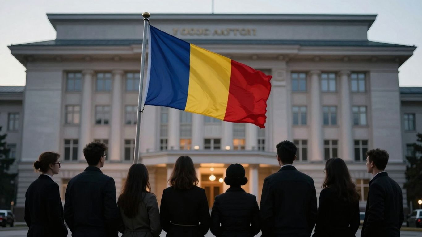 Drapelul României și clădirea justiției.