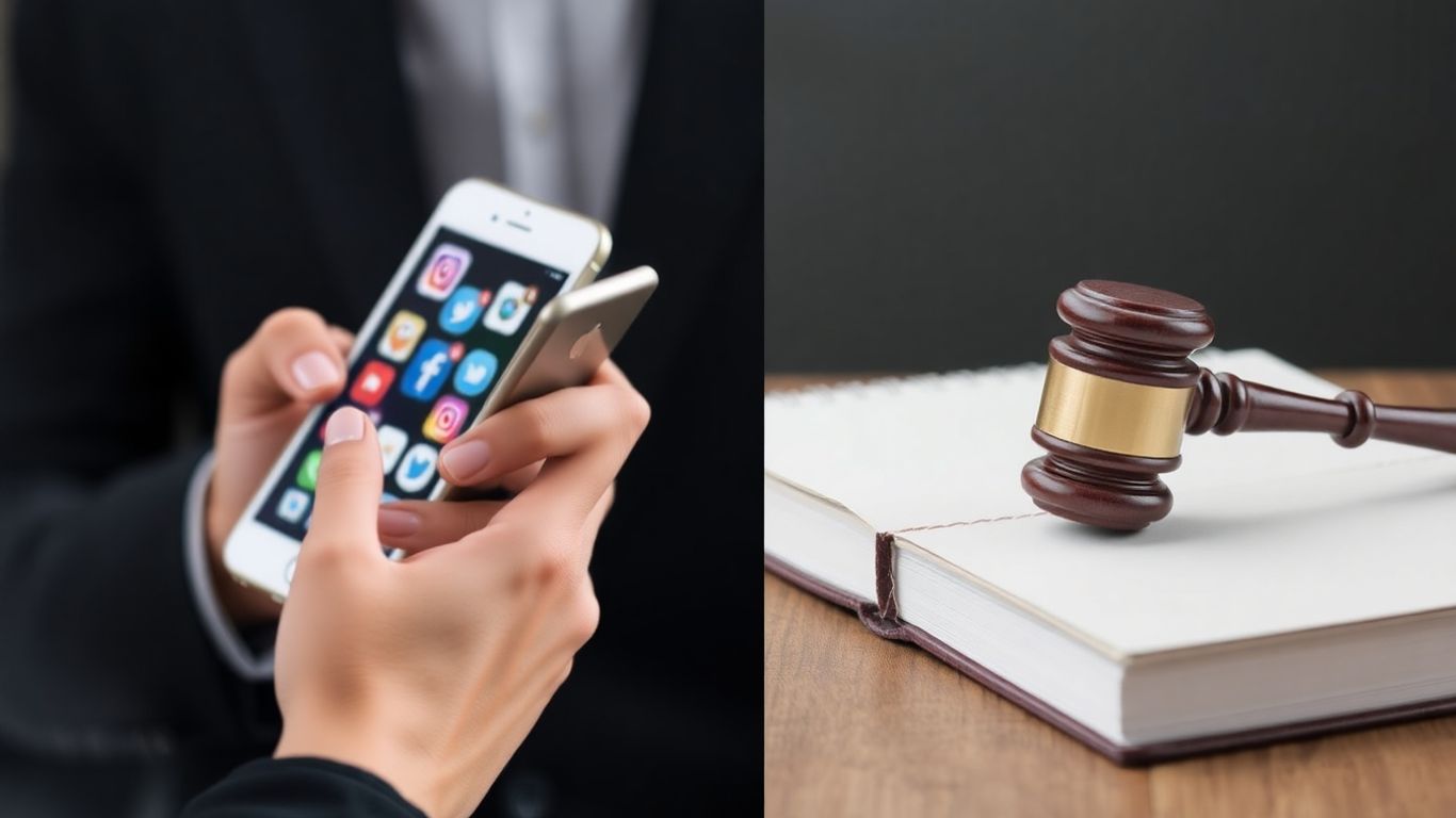 Social media icons and courtroom gavel