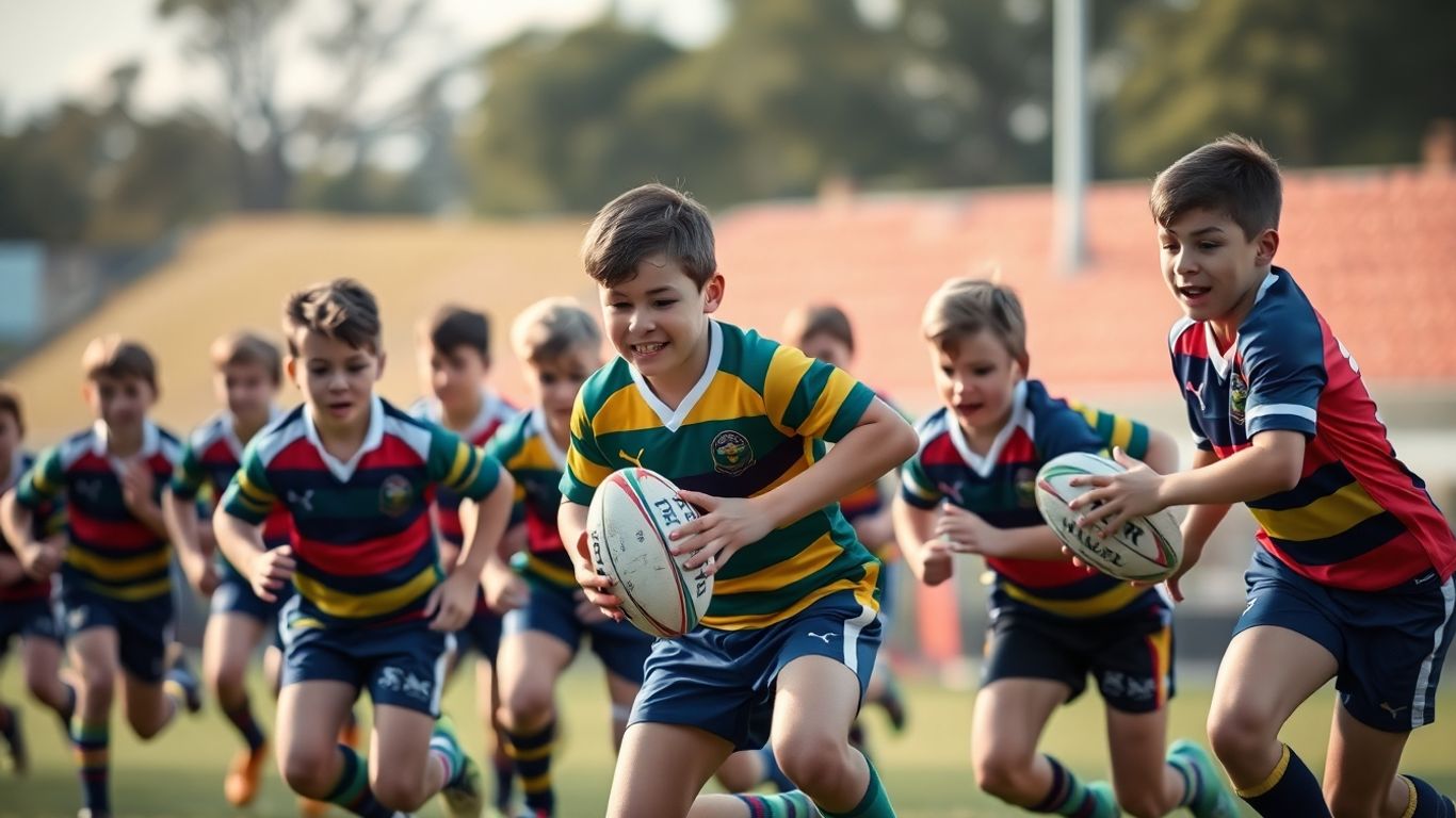 Schoolboy rugby league players in a competitive match.