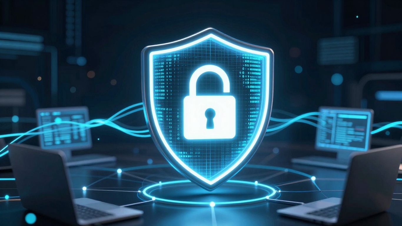 Digital shield protecting computer network with padlock icon.