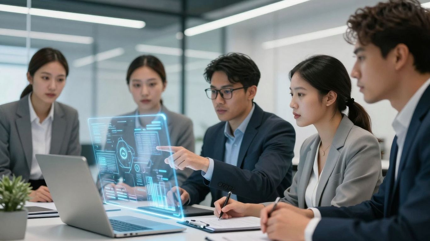 Cyber security professionals collaborating in a modern office.