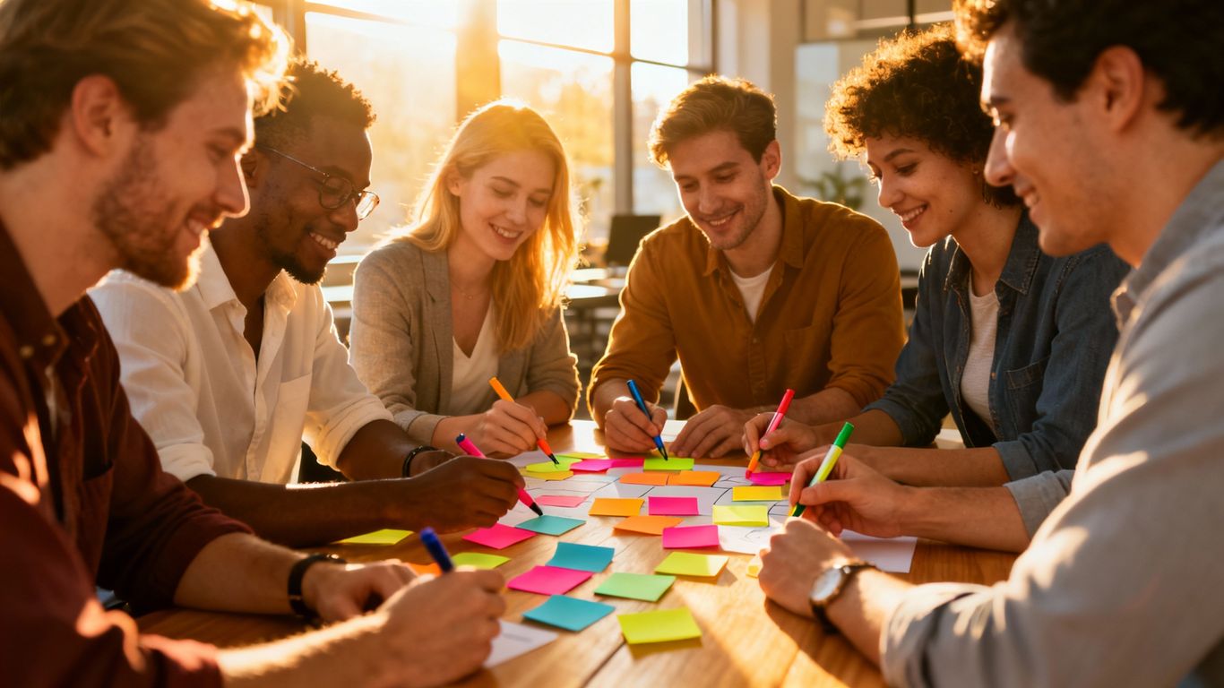 Team brainstorming core brand message and values.