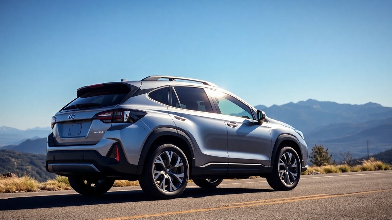 Subaru Solterra electric SUV on a mountain road.