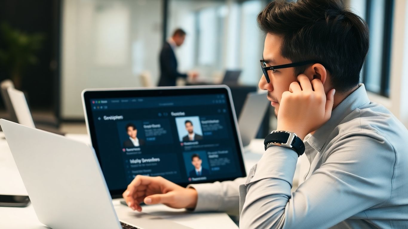 Business owner selecting website developer on laptop