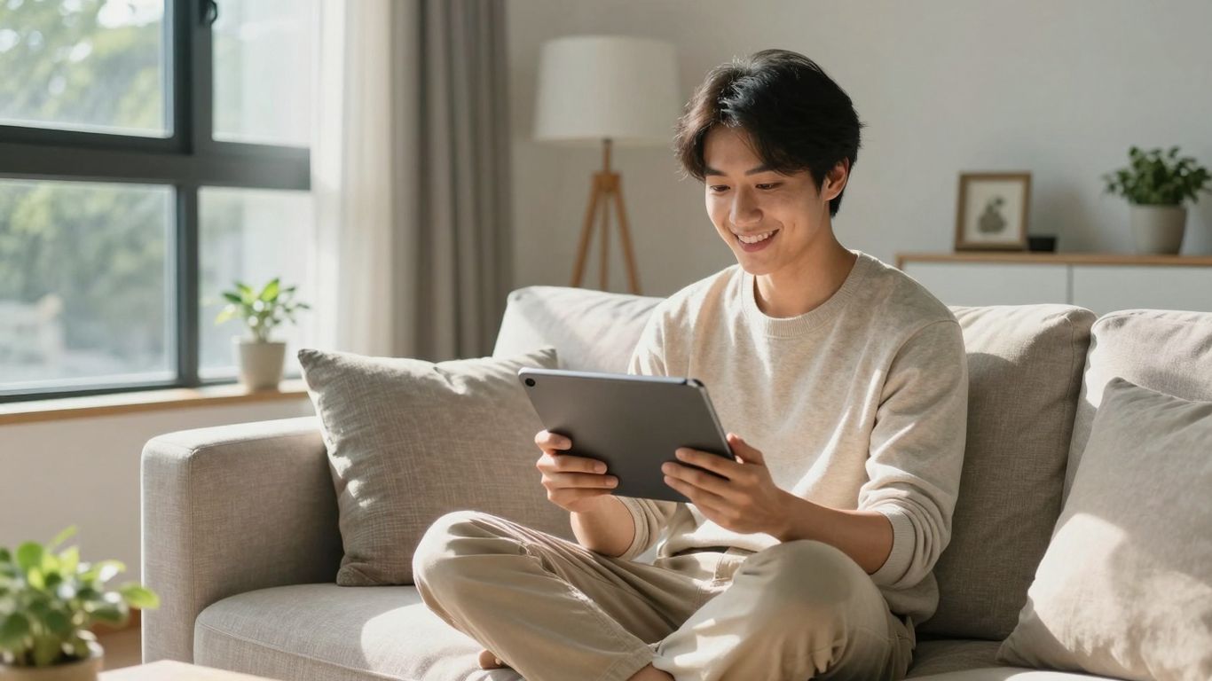 Persona feliz usando una tablet para seguro de hogar.
