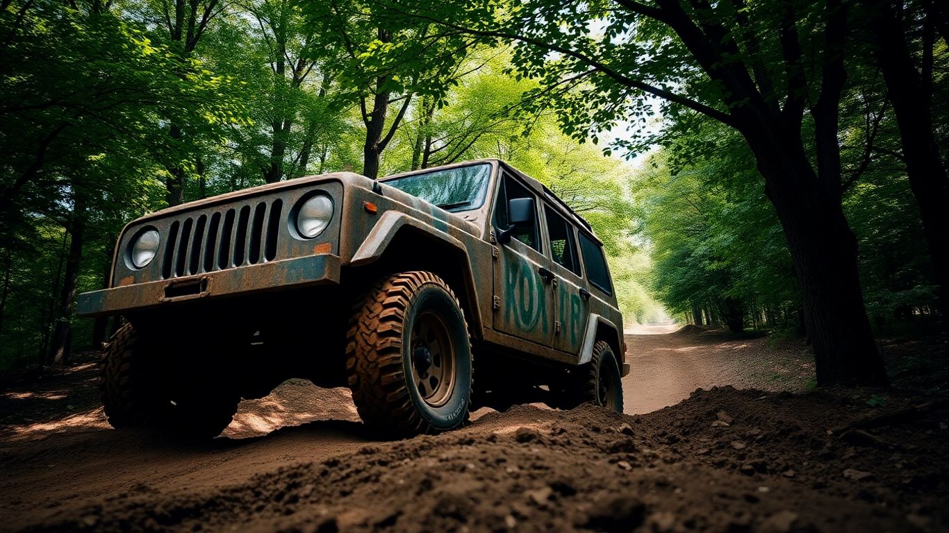 Geländewagen fährt auf schlammigem Waldweg