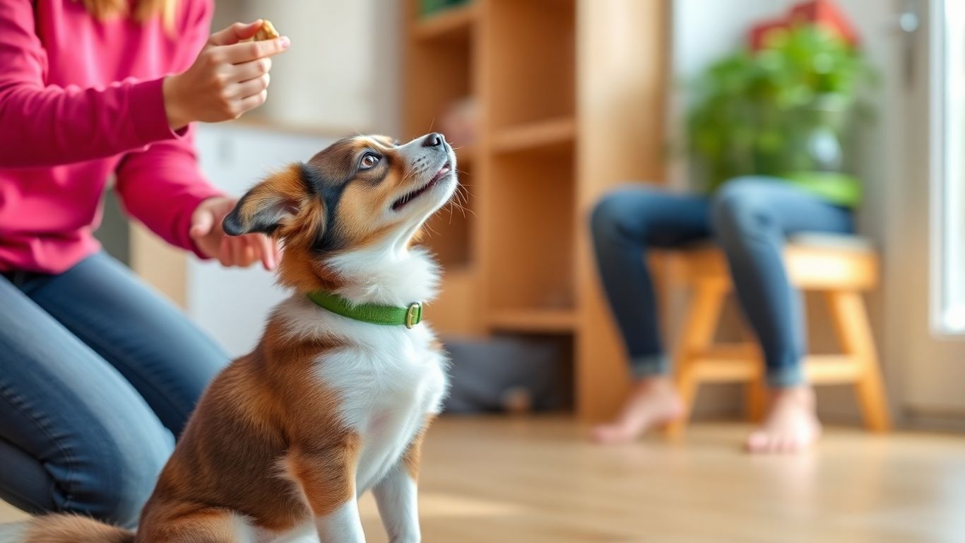 Dog and owner training indoors with a treat.