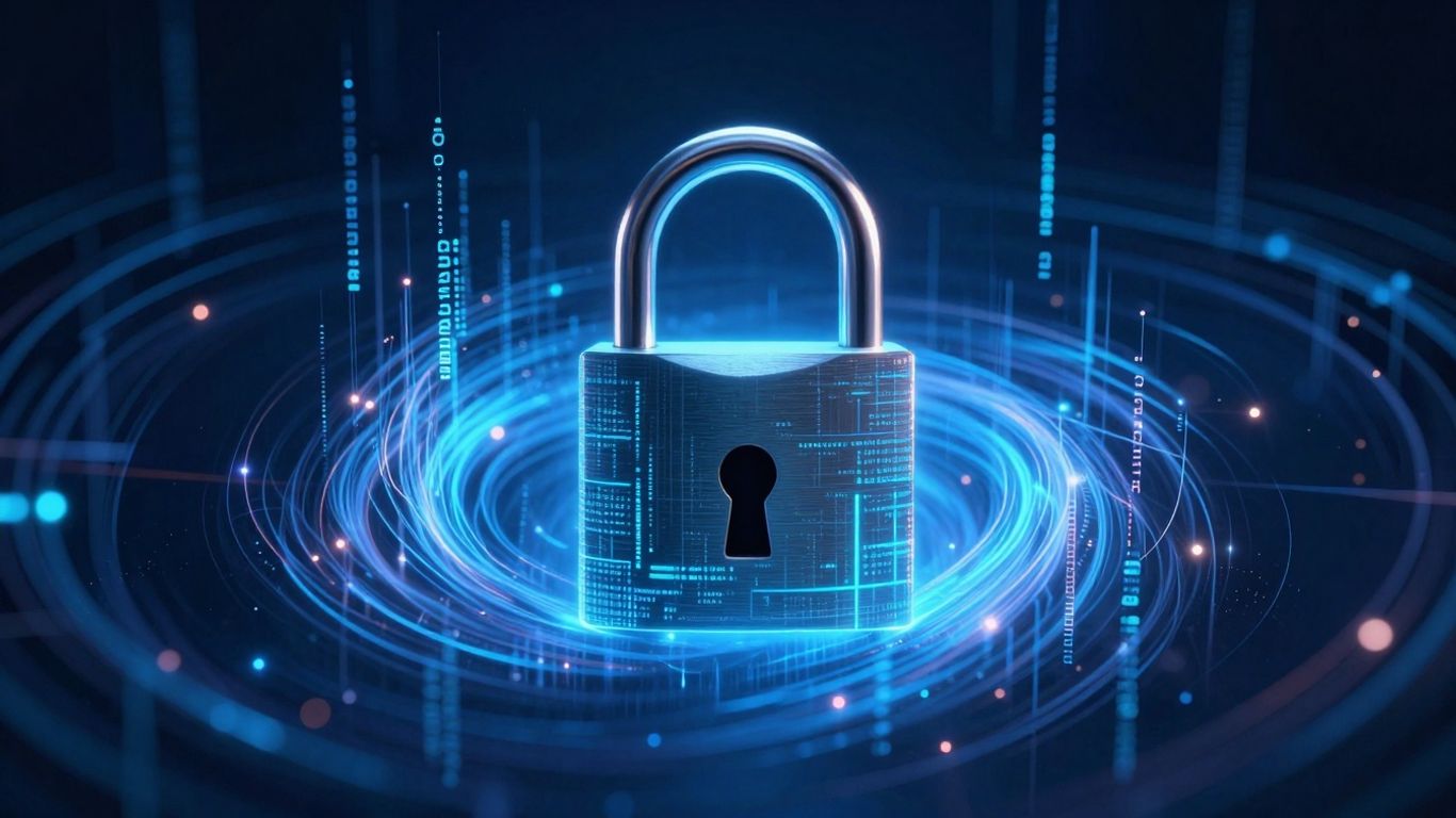 Digital padlock securing data streams for cybersecurity.