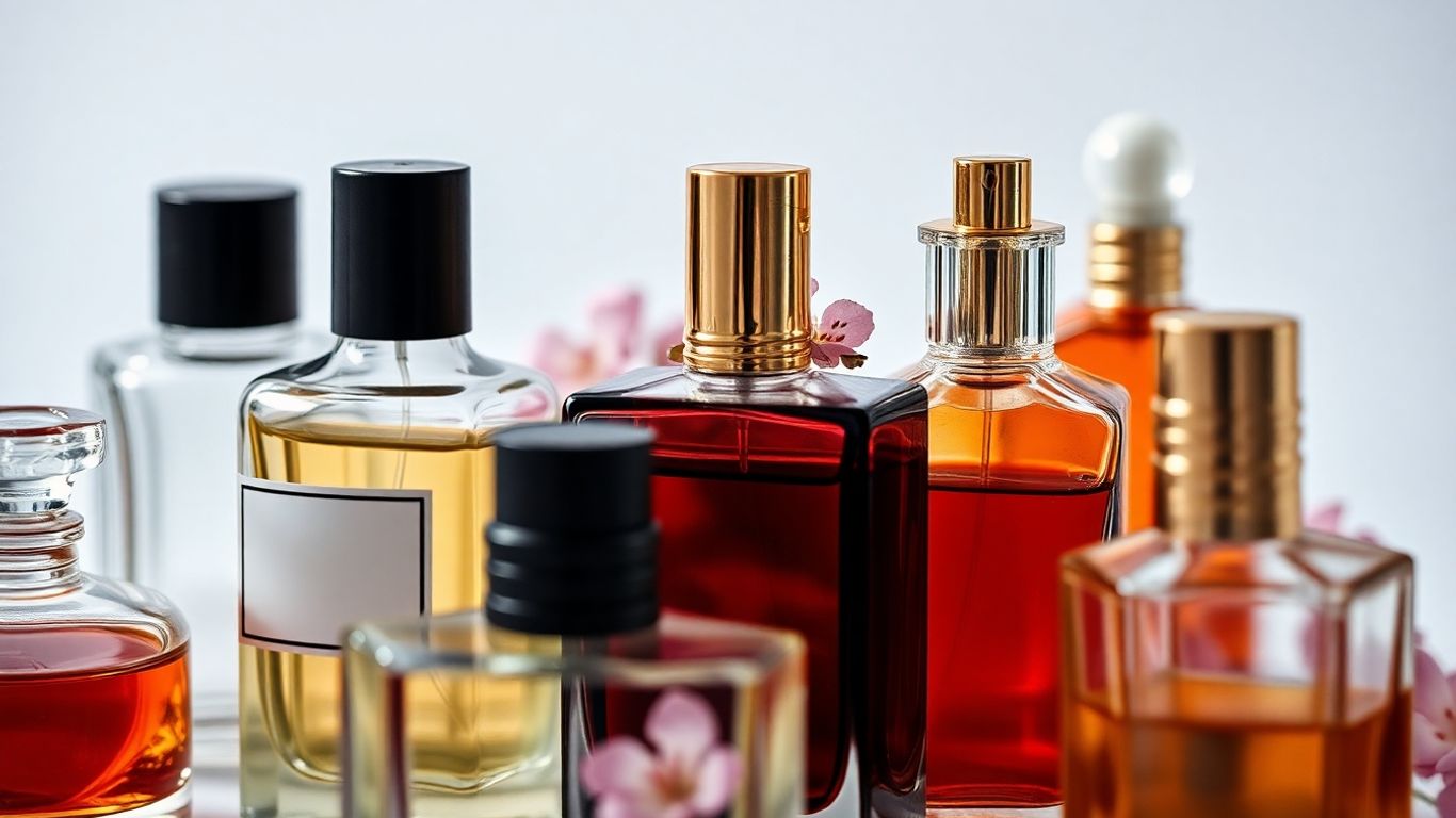 Elegant perfume bottles with floral accents.