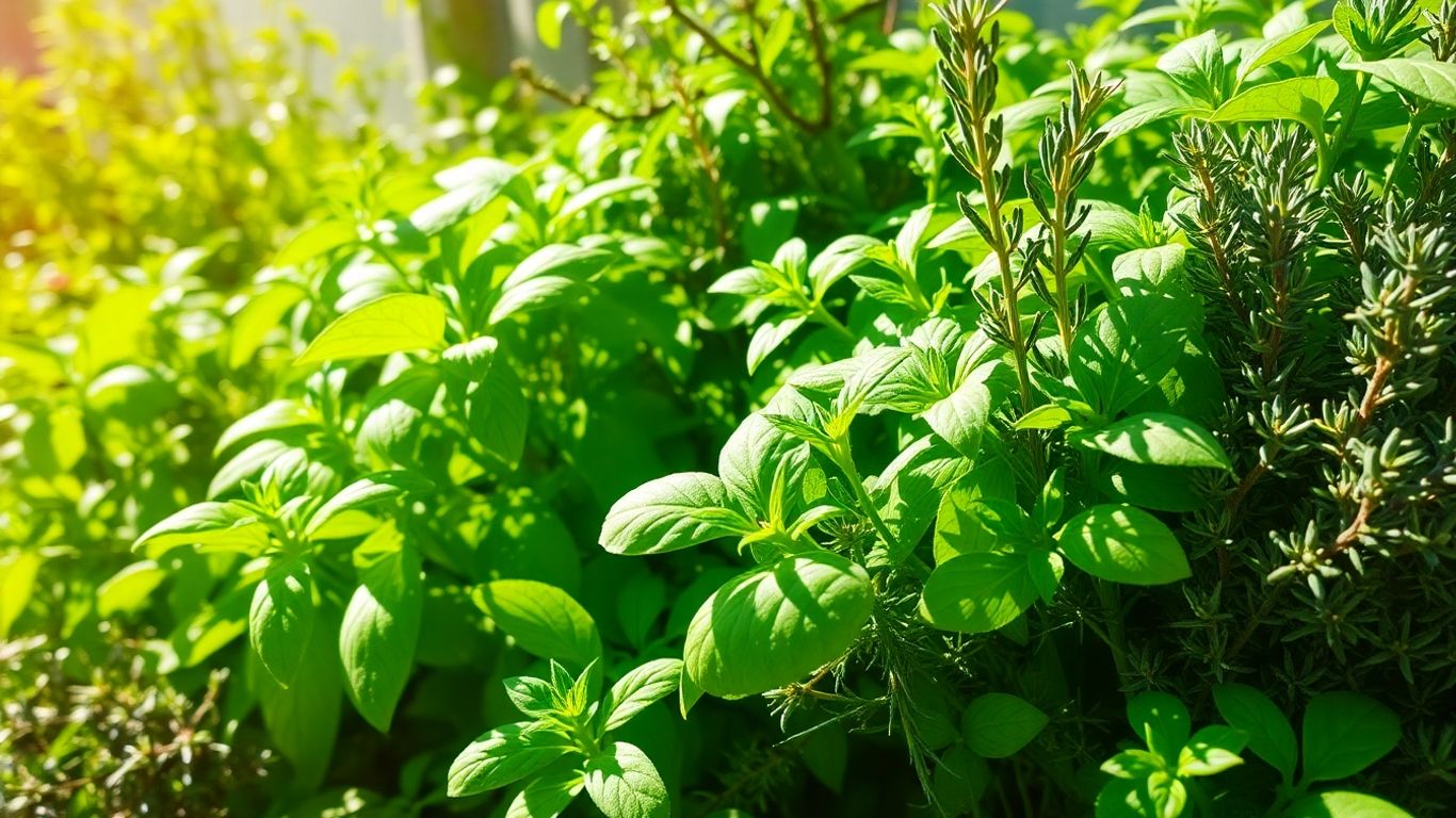Frische Kräuter wachsen in einem sonnigen Stadtgarten.