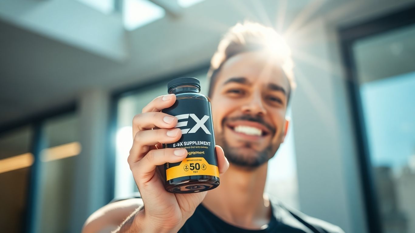 Person holding E-X Supplement bottle, looking healthy and energized.
