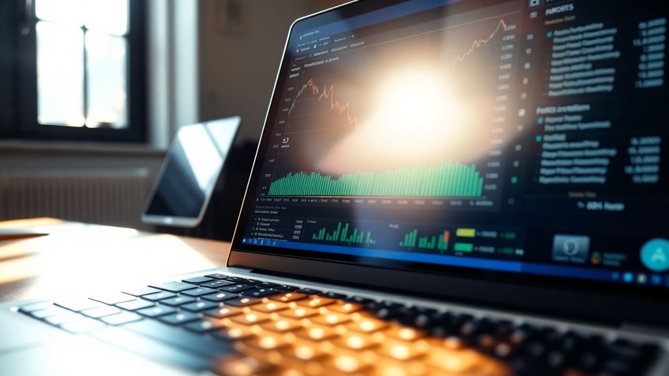 Laptop screen with financial data and sunlight.