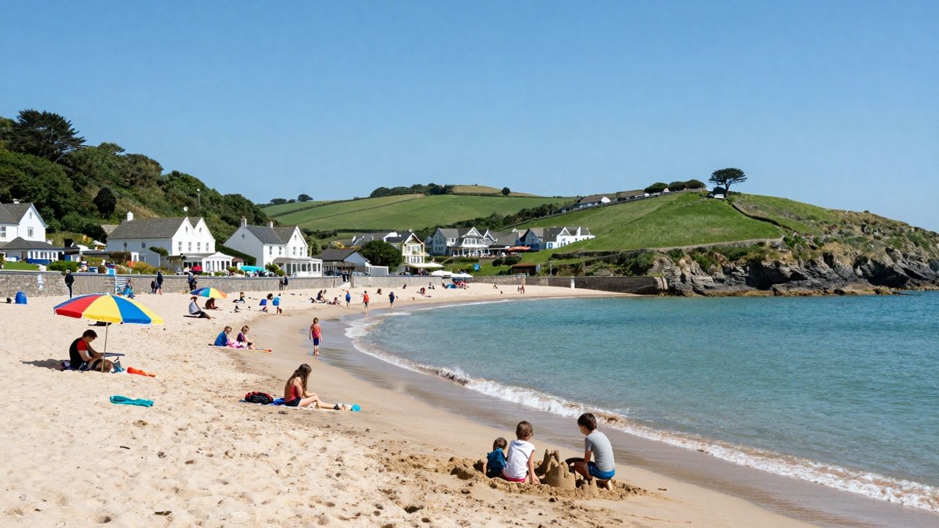 UK coastal resort with families on a sunny beach.