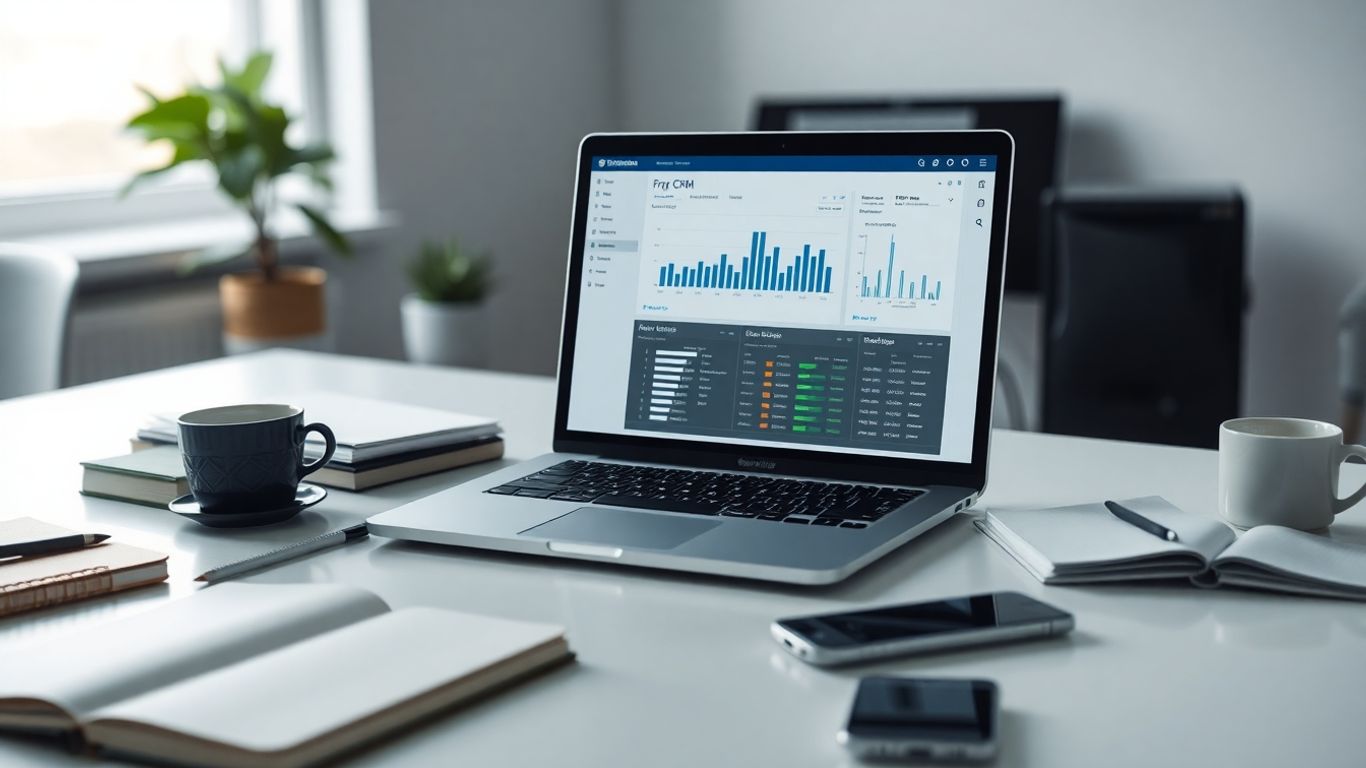 Modern workspace with laptop displaying CRM dashboard