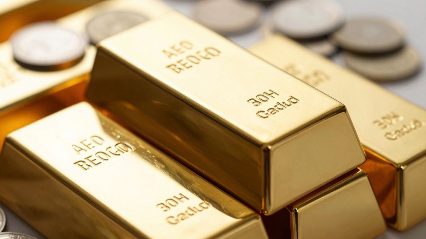 Gold bars and silver coins, precious metals.