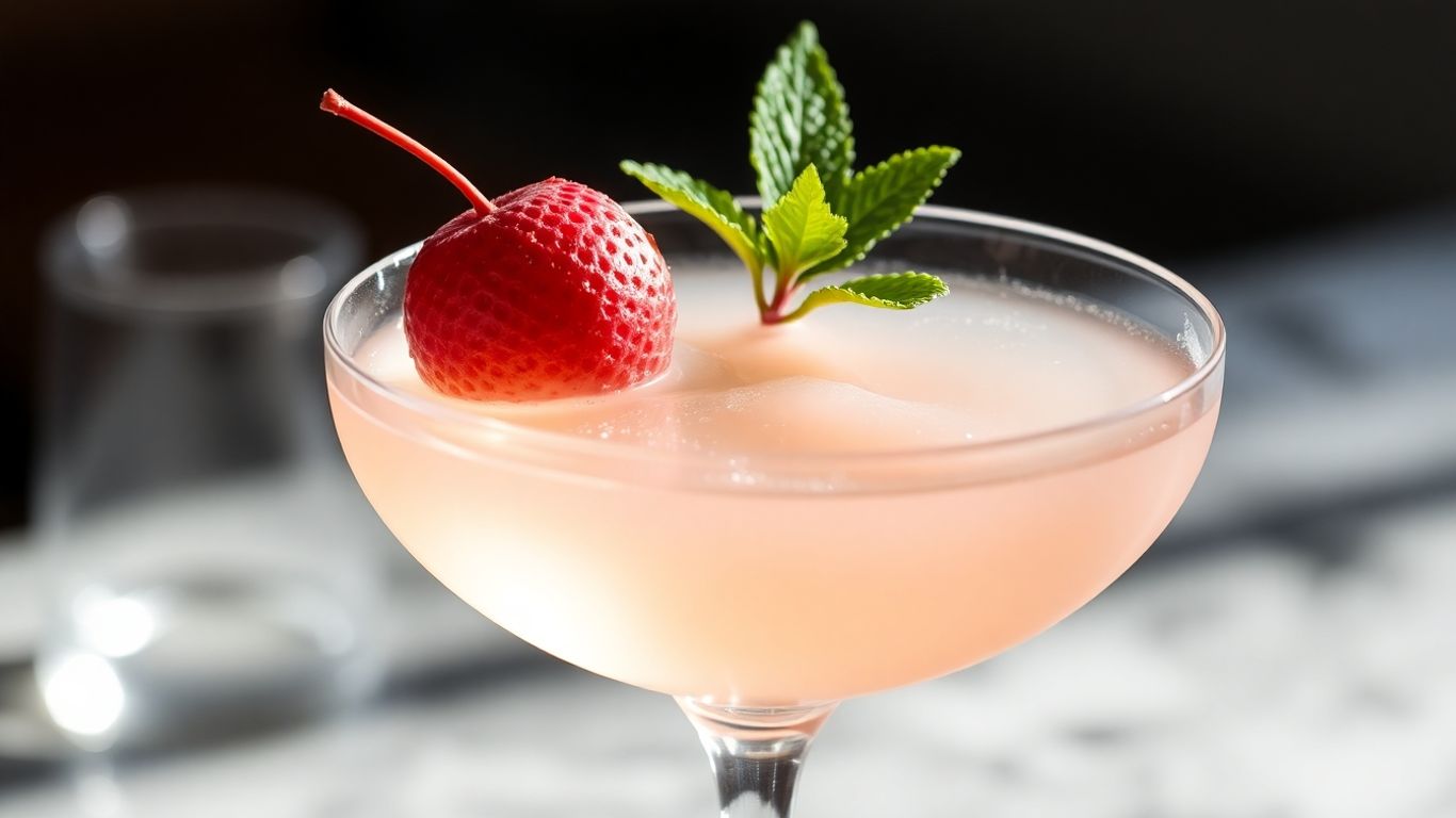 Lychee martini in a coupe glass with garnish.