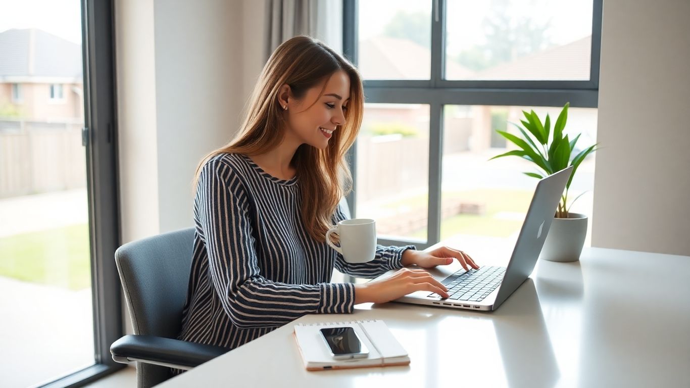 Australian woman working from home on laptop in daylight