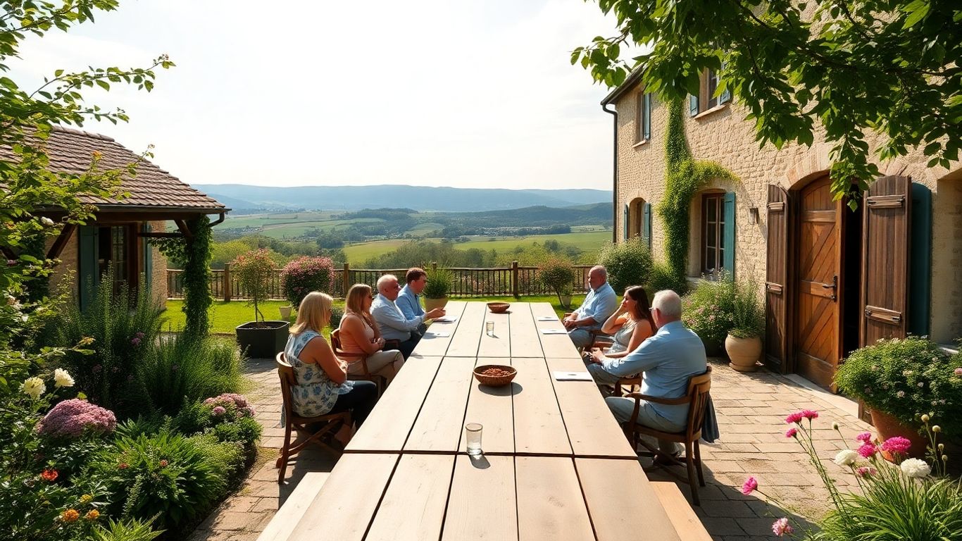 Team meeting in a French countryside farmhouse courtyard.