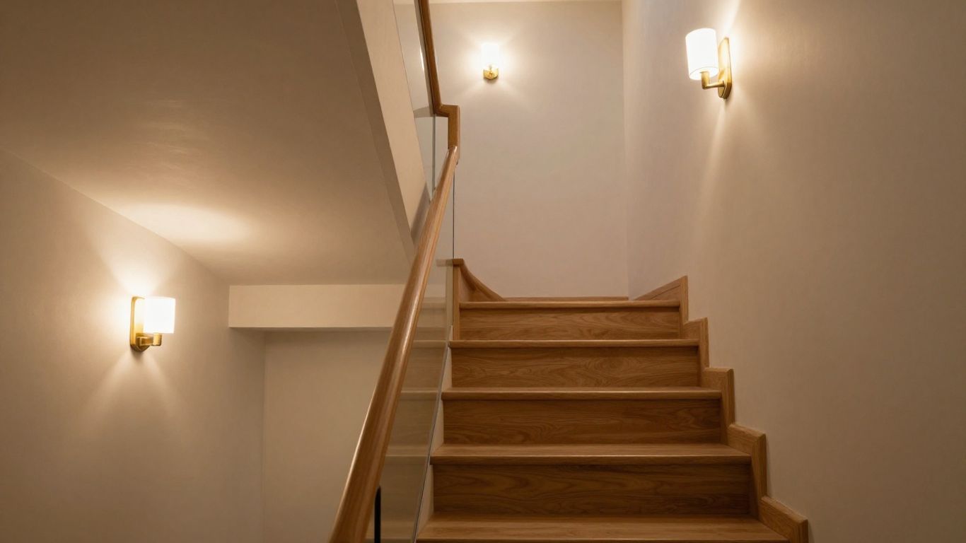 Warm light illuminating a modern indoor staircase.