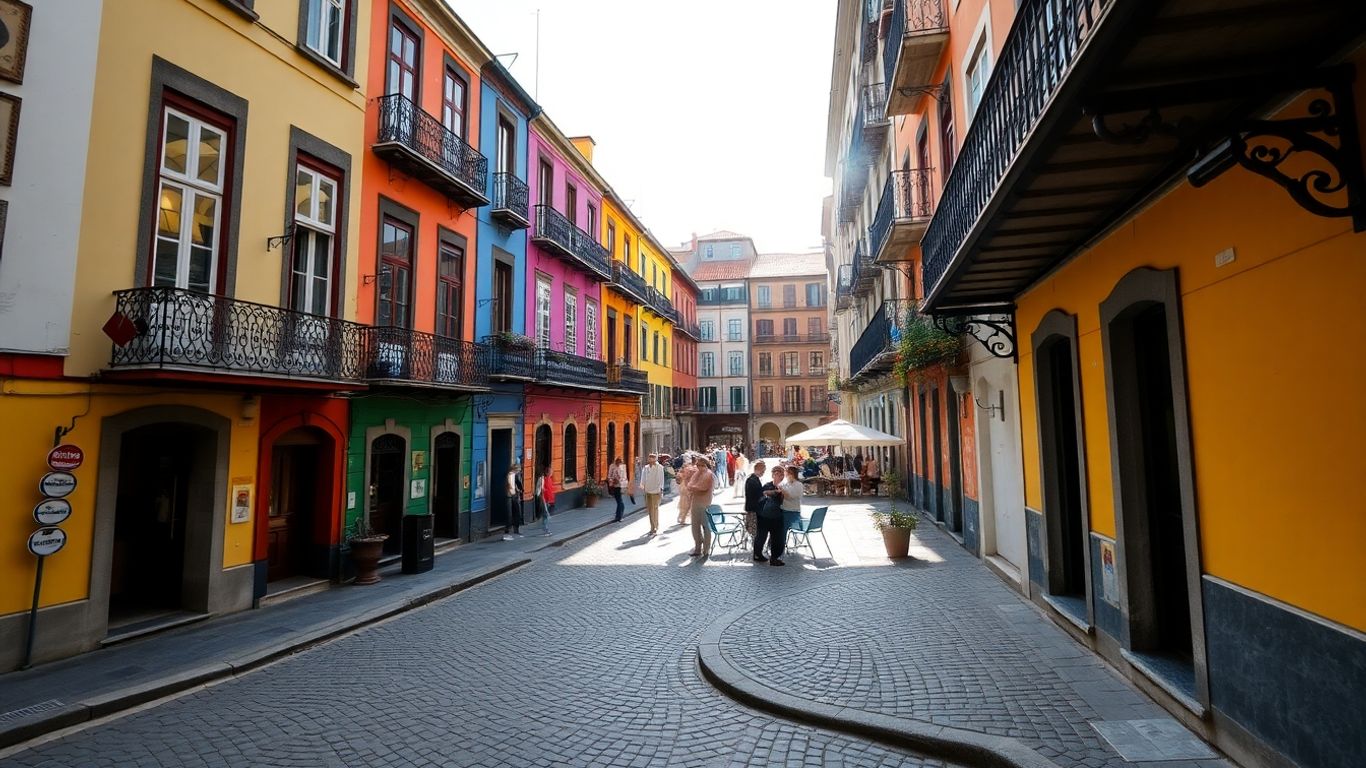 Colourful buildings and cobblestone streets in Vigo's historic centre.