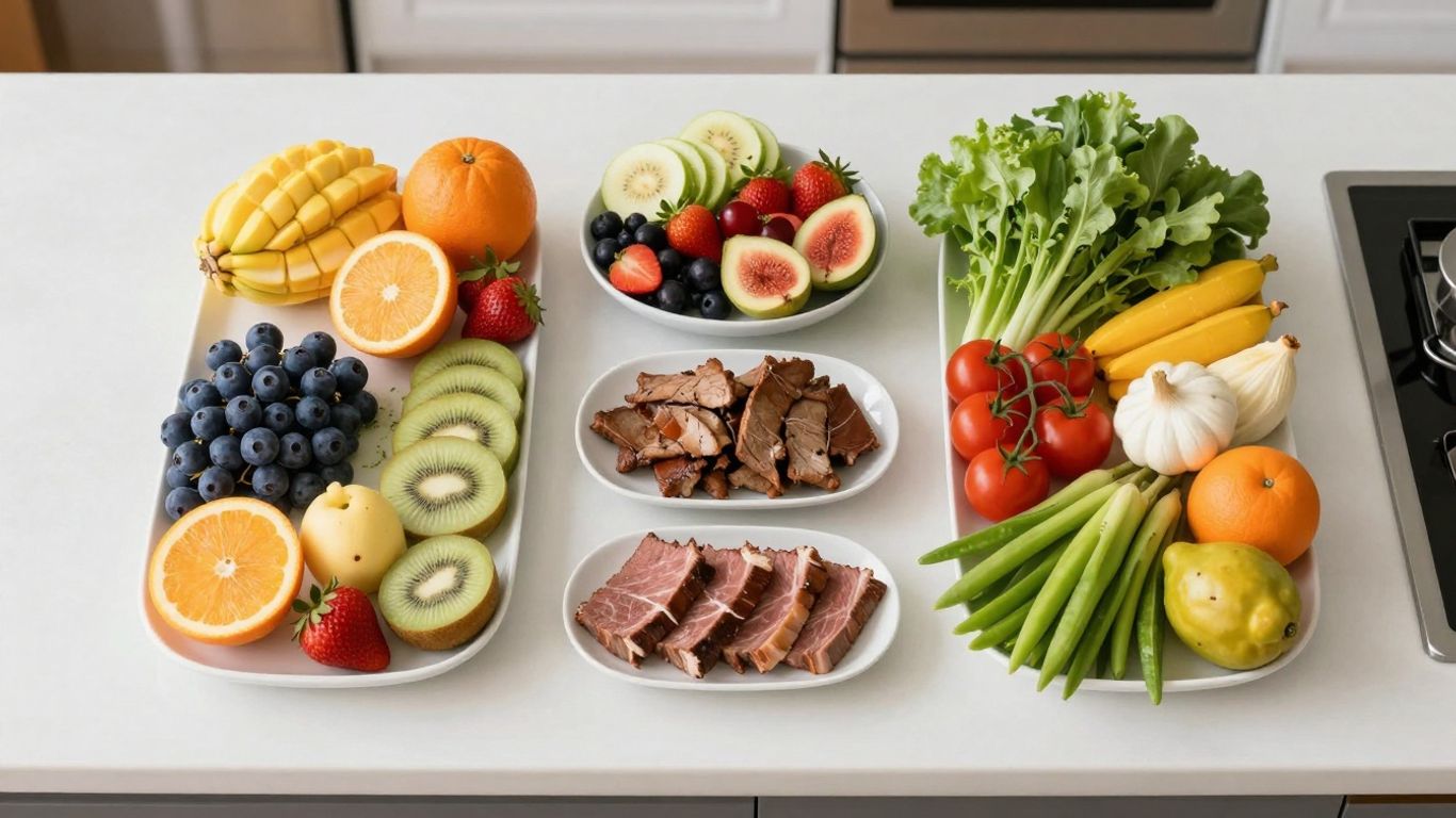 Prato saudável com frutas, proteínas e vegetais frescos.