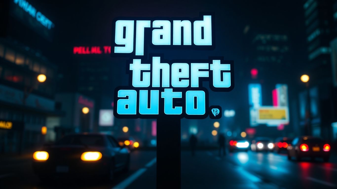 Logo GTA 6 néon sur fond de ville nocturne