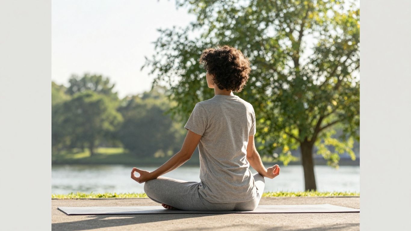 Persoană meditând în natură, simbolizând echilibrul mental.