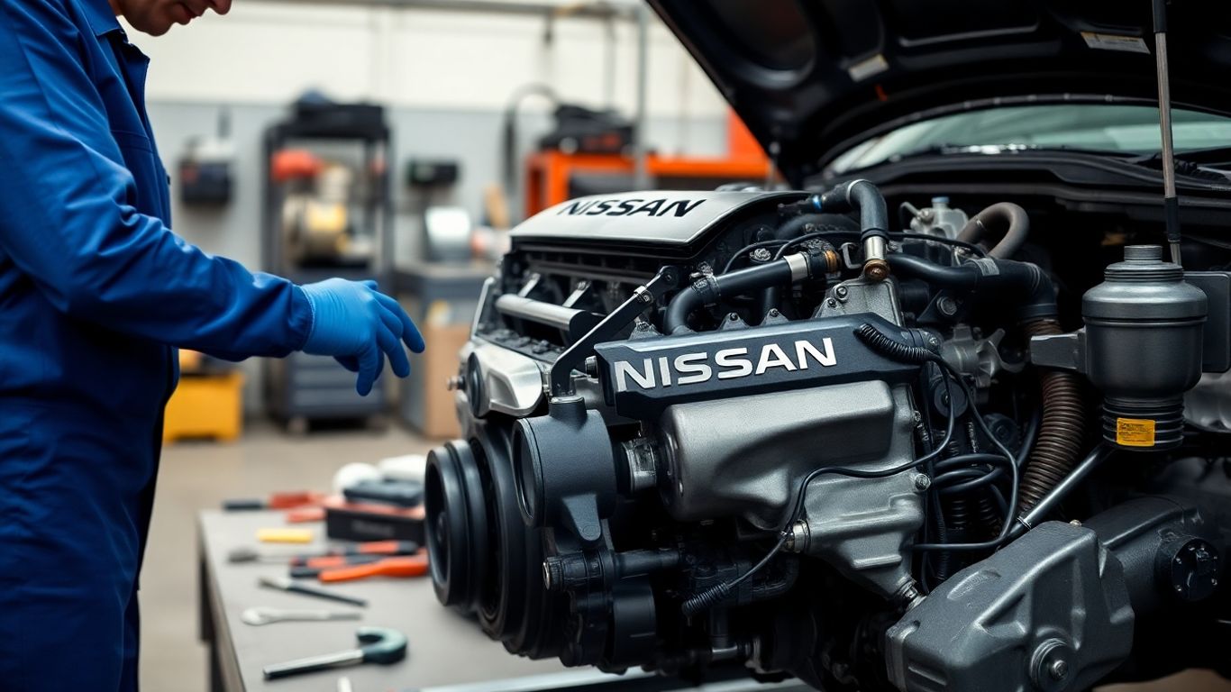 Mechanic inspecting a disassembled Nissan car engine in a workshop.