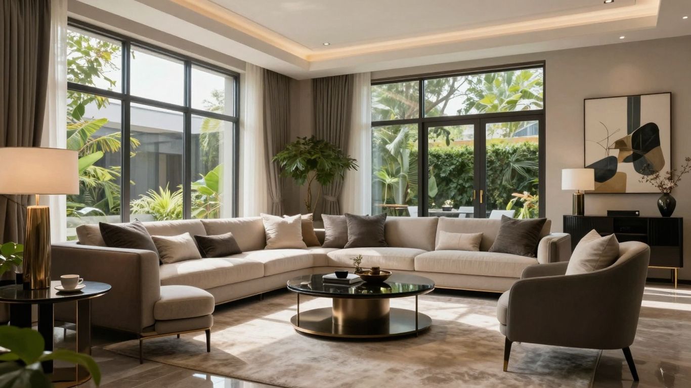 Modern interior design with sunlight and elegant furniture.