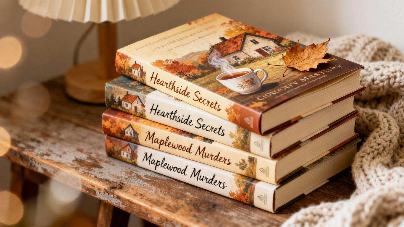 Cozy mystery book covers with warm, inviting scenes.