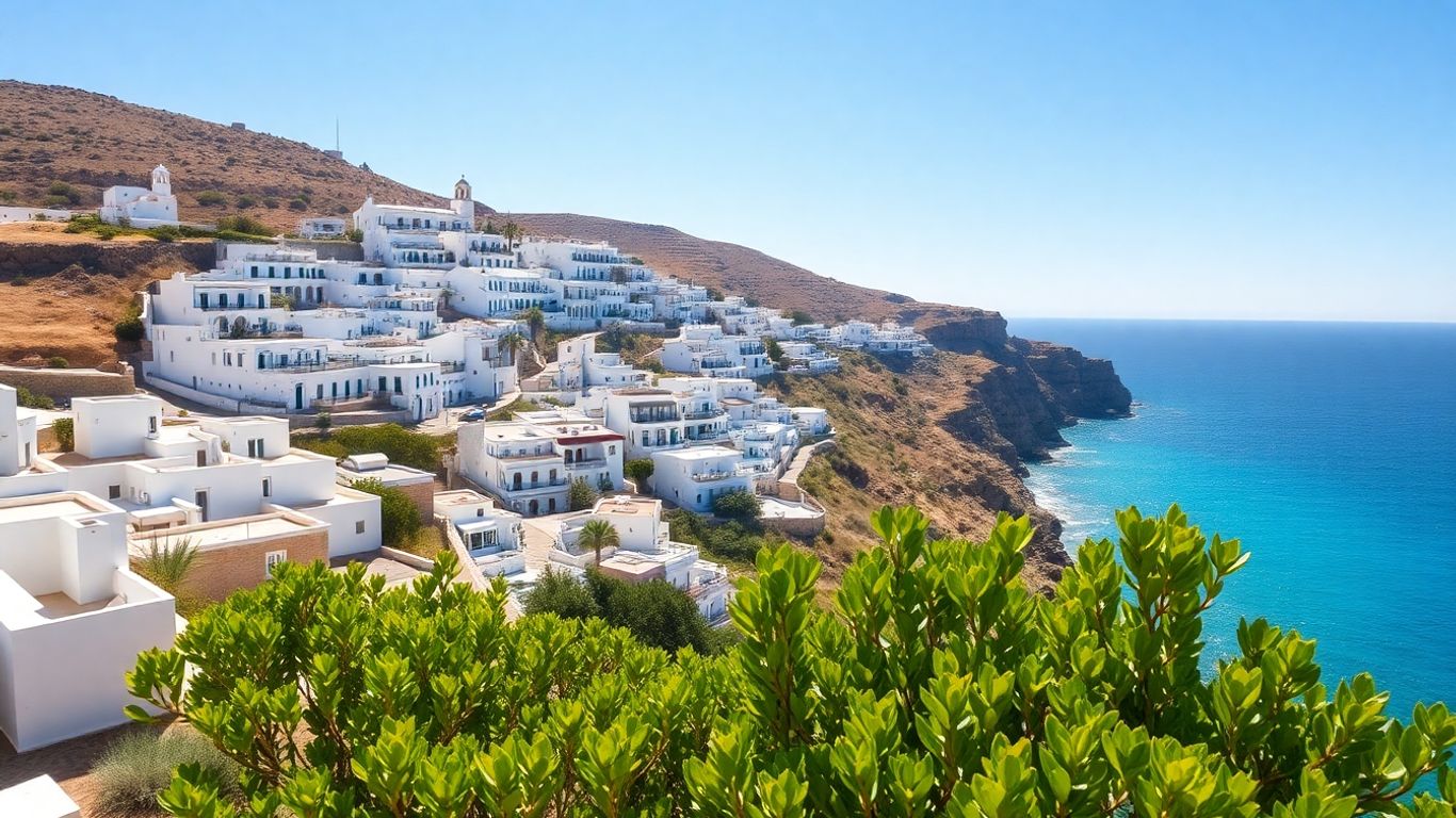 Villaggio spagnolo imbiancato a calce sul Mar Mediterraneo blu.