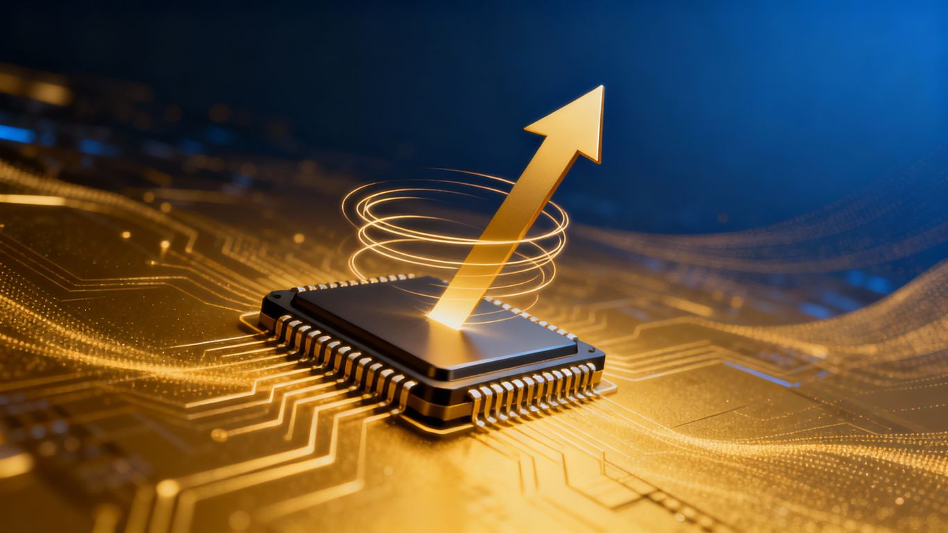 Semiconductor chip with upward arrow and swirling market momentum.