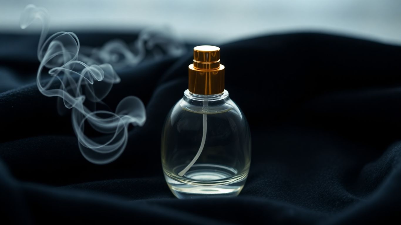 Elegant perfume bottle with mist on dark velvet.