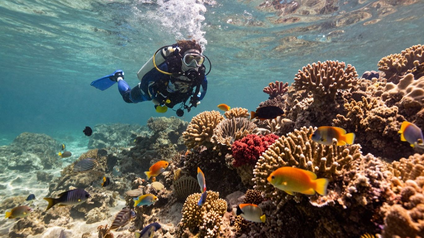 Scuba diver exploring colorful coral reef at Land's End.