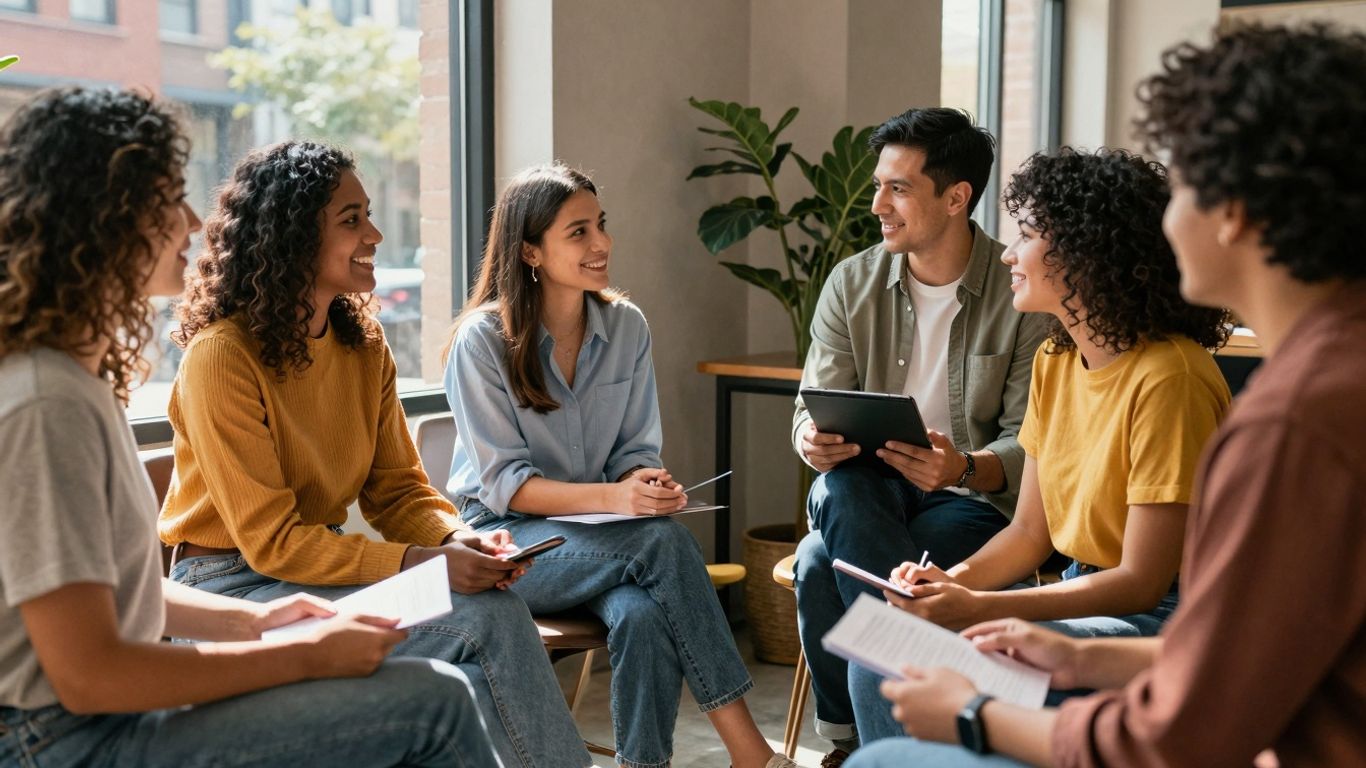 Oameni interacționând în comunități de nișă, conexiuni reale.