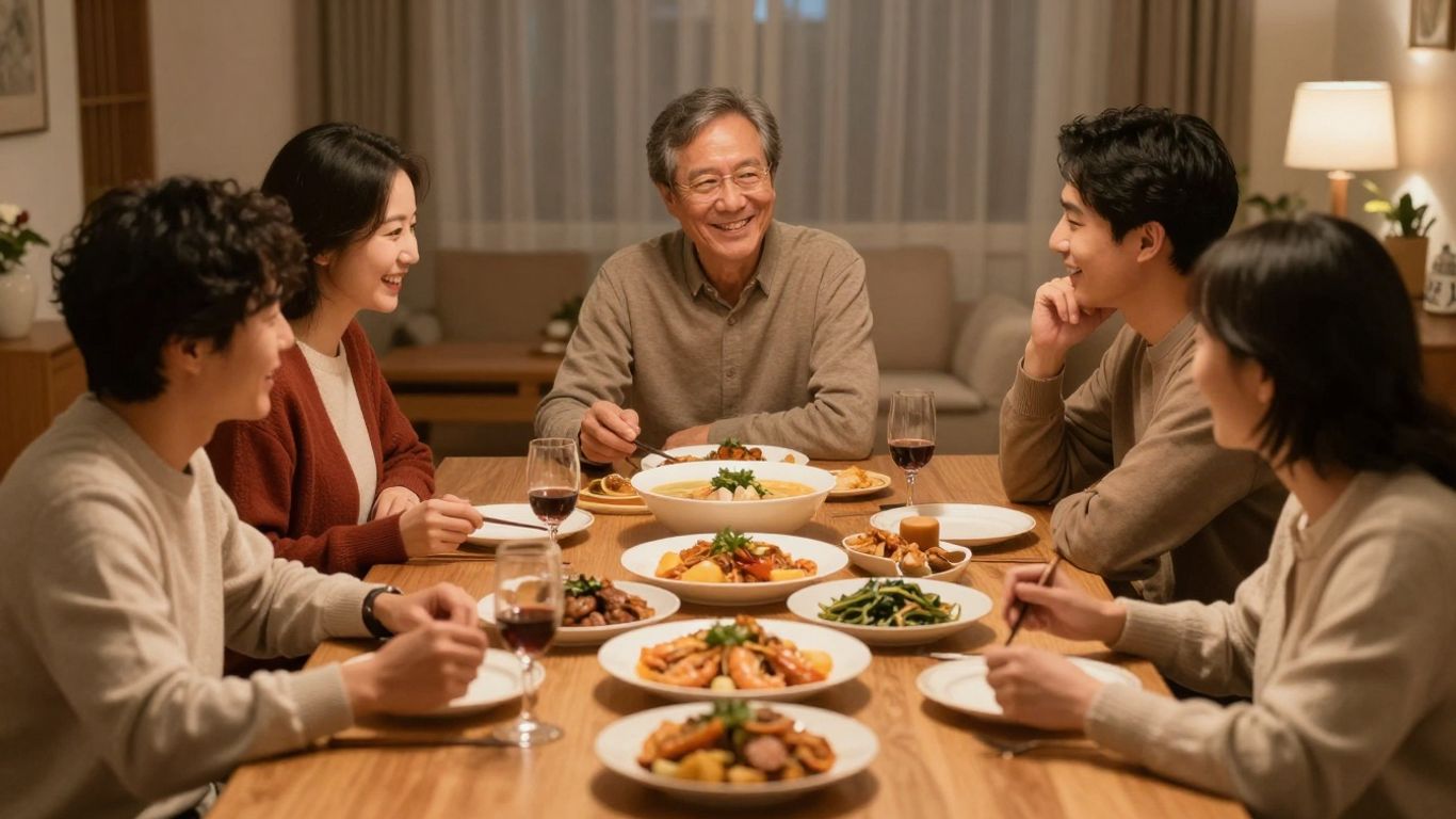 Family enjoying a holiday meal together at a dining table.