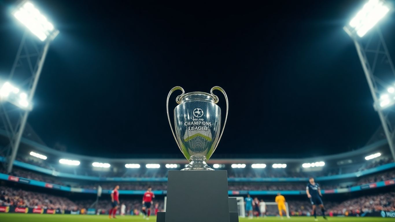 Trophée de la Ligue des champions dans un stade illuminé