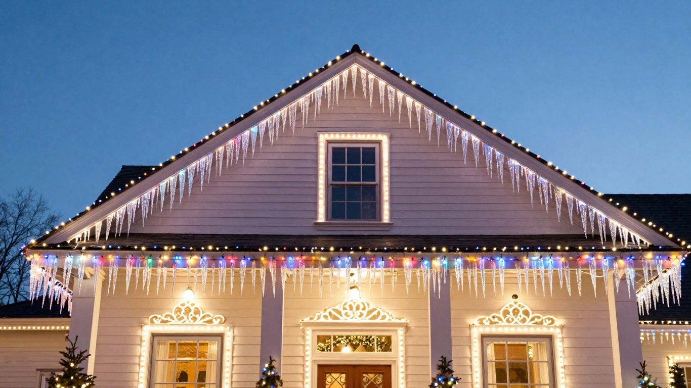 House decorated with colorful Christmas lights at night.