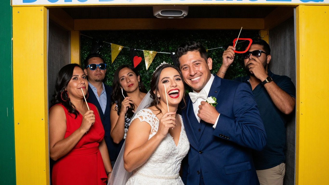 Wedding couple laughing in a photo booth with props.