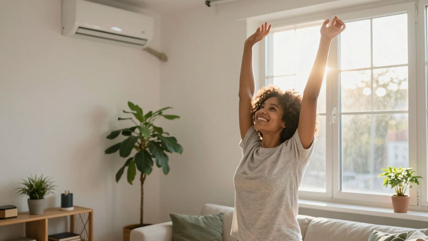 Femeie zâmbind, întinzându-se spre soare dimineața.