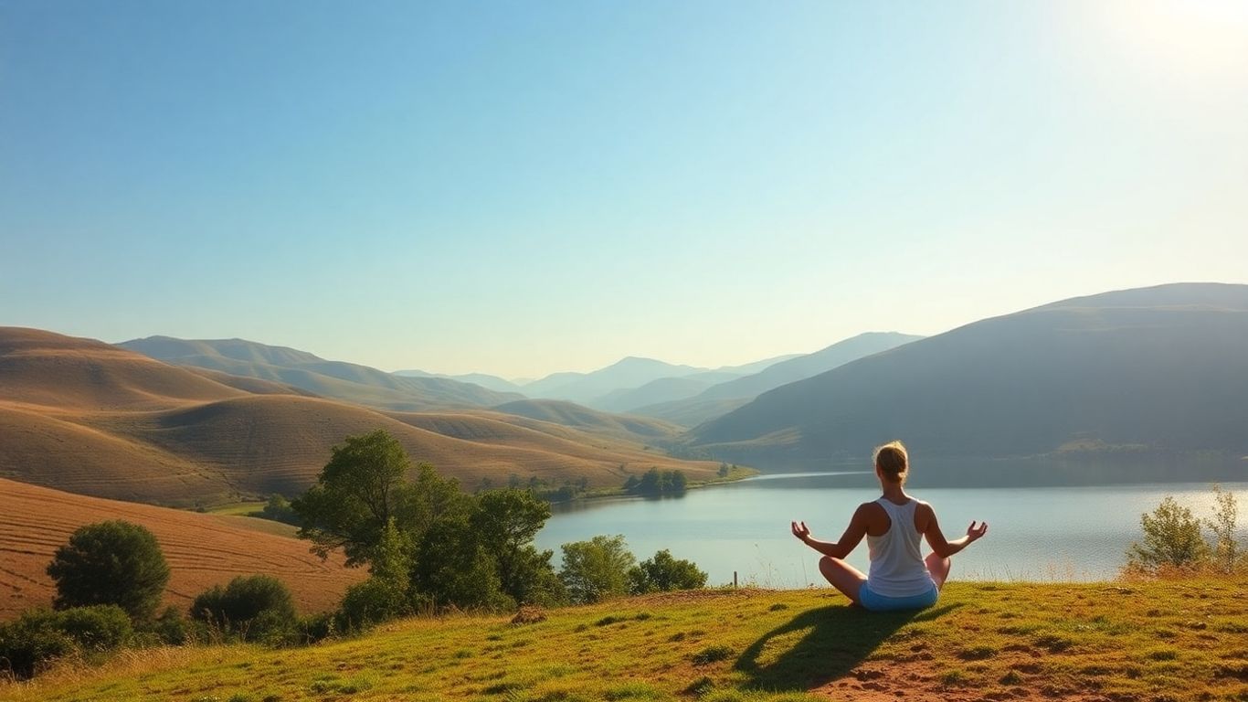Person meditating in a peaceful natural landscape.