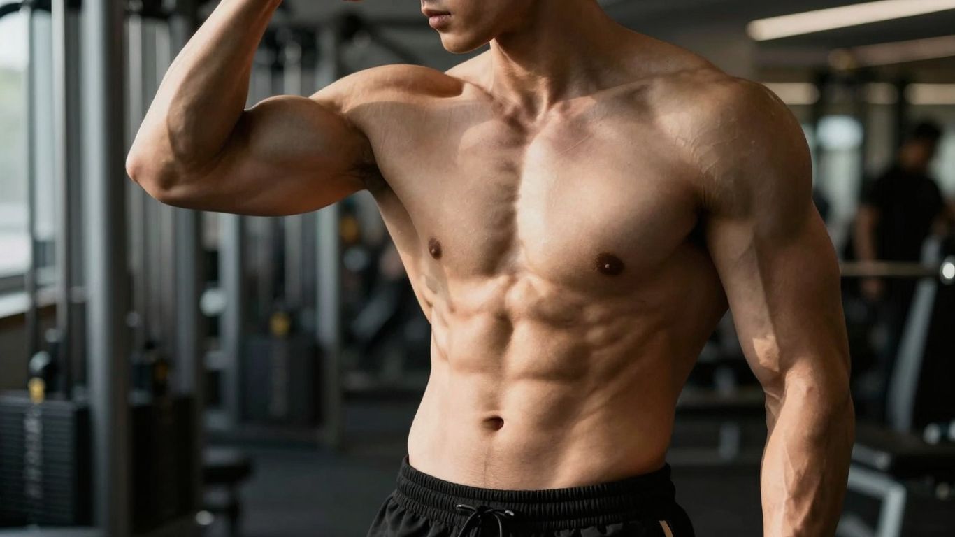 Man with lean physique flexing in gym