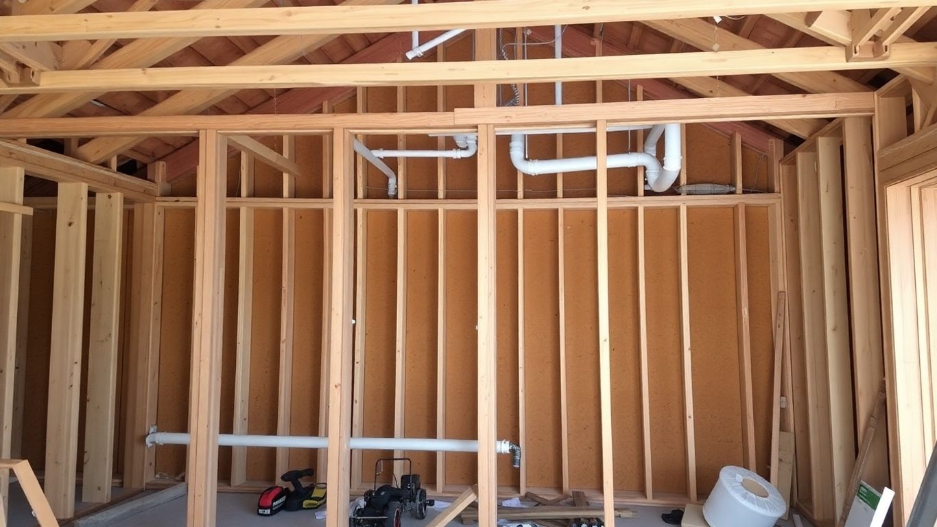 House construction with visible plumbing pipes.