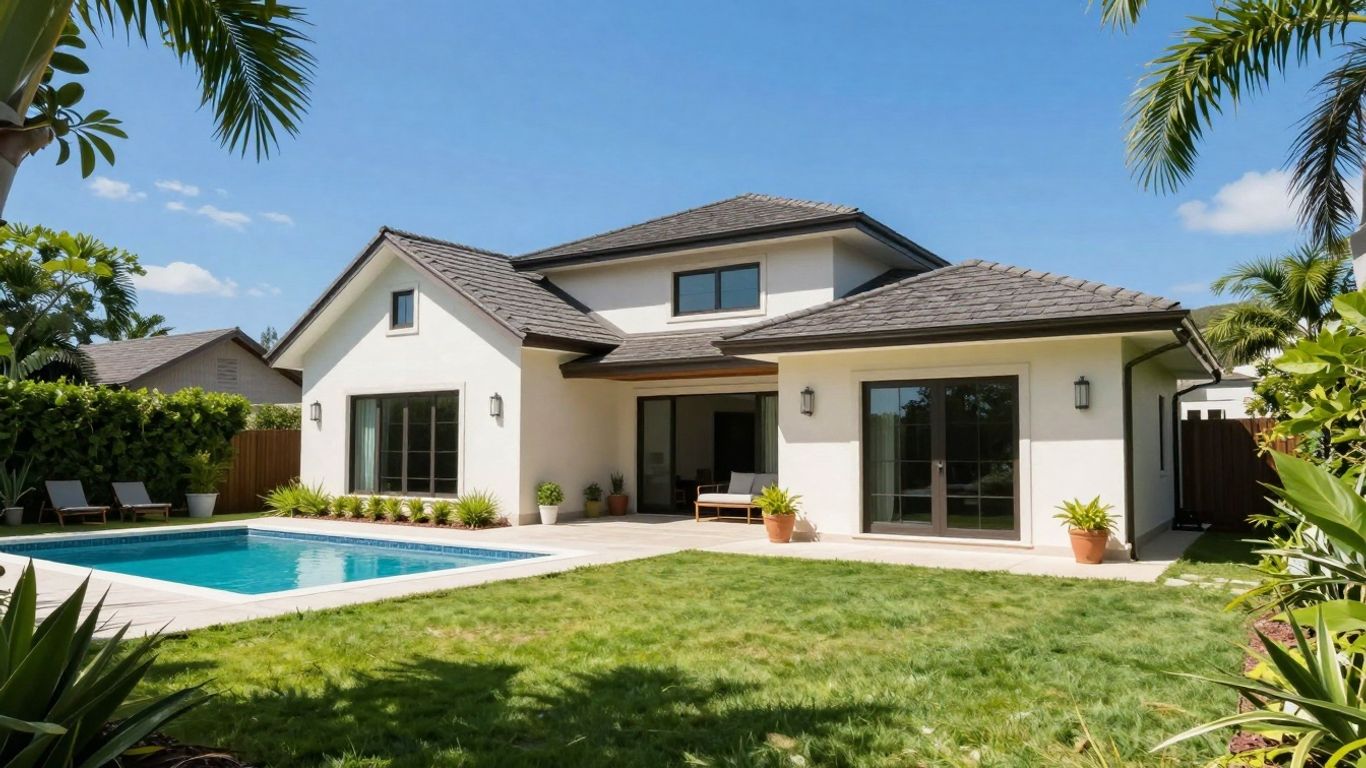 Casa vacacional moderna con piscina y cielo azul.