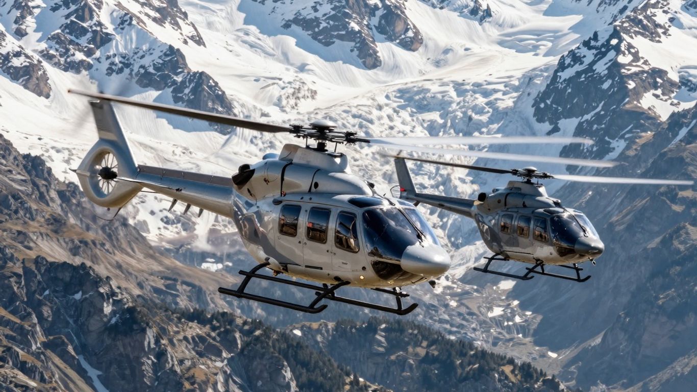 AW109 and H145 helicopters flying over Alps.