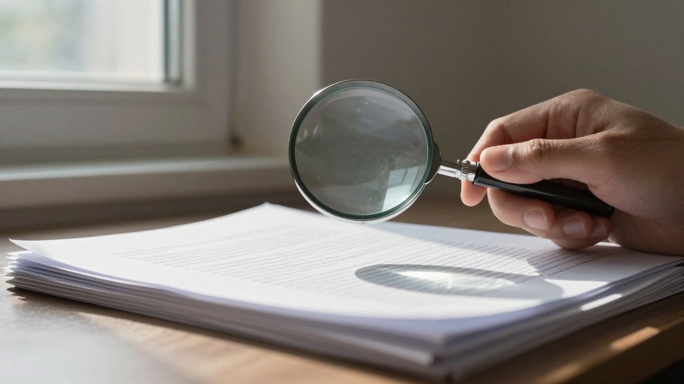 Mână cu lupă examinând documente oficiale.