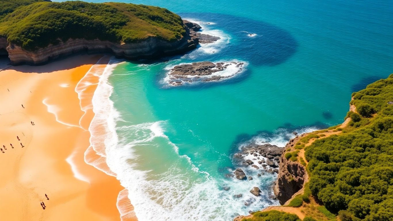Bronte Beach, Sydney: golden sand, turquoise ocean, rolling waves, green cliffs.